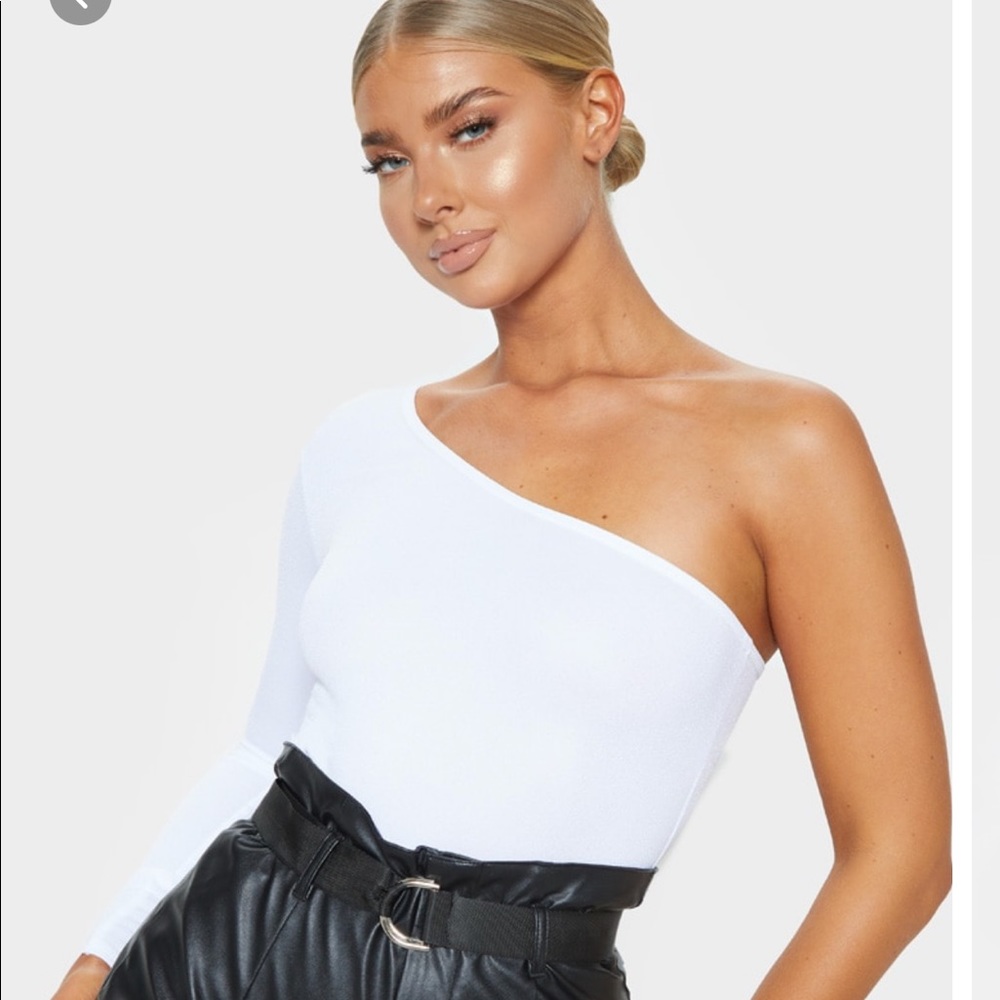 White Stretch Crepe One Shoulder Thong Bodysuit